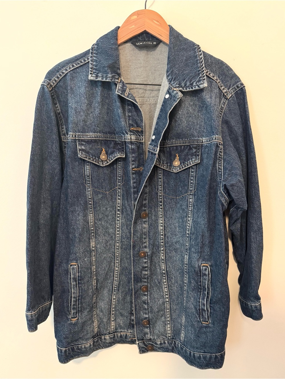 LC Waikiki Oversized Long Denim Jacket Women’s XS Dark Wash Trucker Jean Jacket